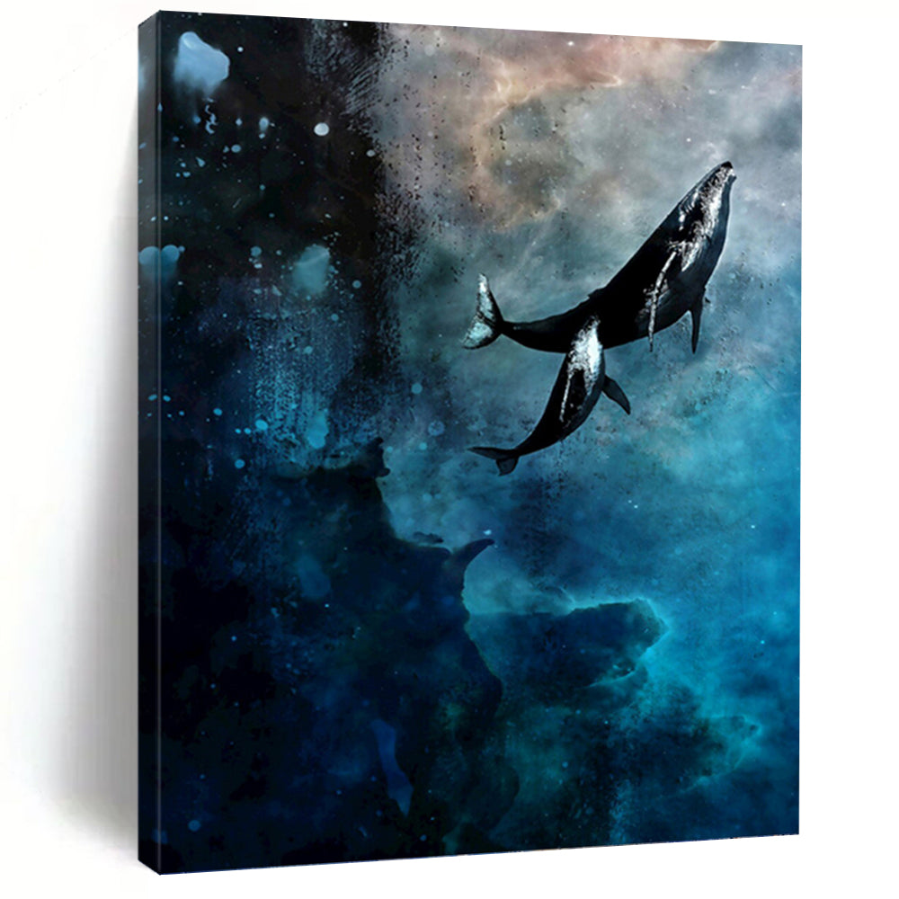 “Cosmic Whales: Blue and Black Surrealist Painting” - Surrealist Fantasy Painting On Canvas PT0933