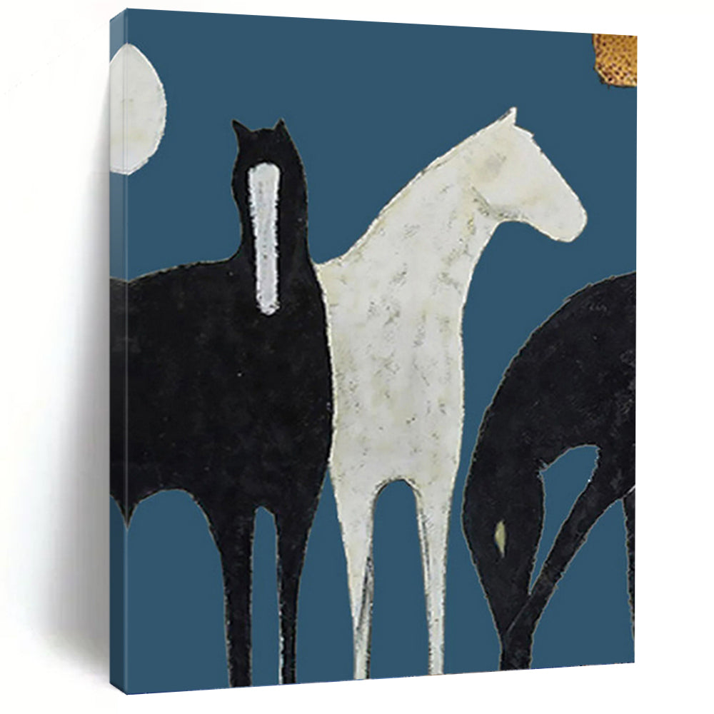 “Stylized Black & White Horses” - Minimalist - Inspired Animal Painting On Canvas PT1440