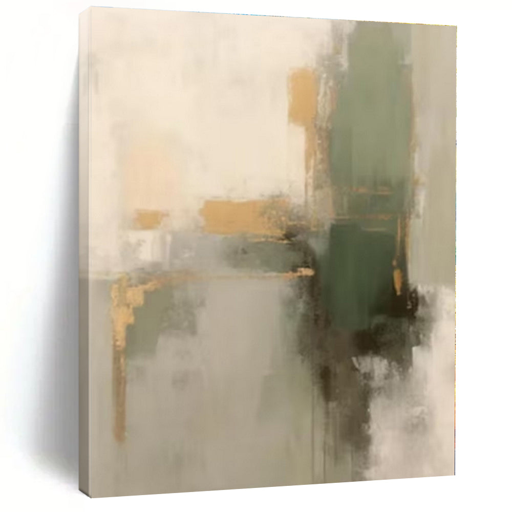 Gray, Gold, Green with Abstract Shapes "Gilded Greens" Abstract Painting On Canvas PS1288
