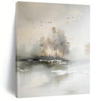 “Misty Landscape Serenity” - Gray, White, Beige Abstract Landscape Painting On Canvas PS0626