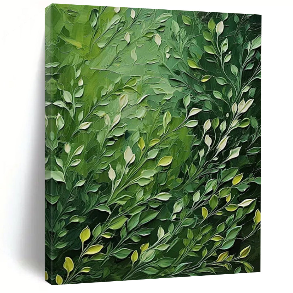 “Green Leafy Textured Abstract” - Impressionist Botanical Painting On Canvas PT2284