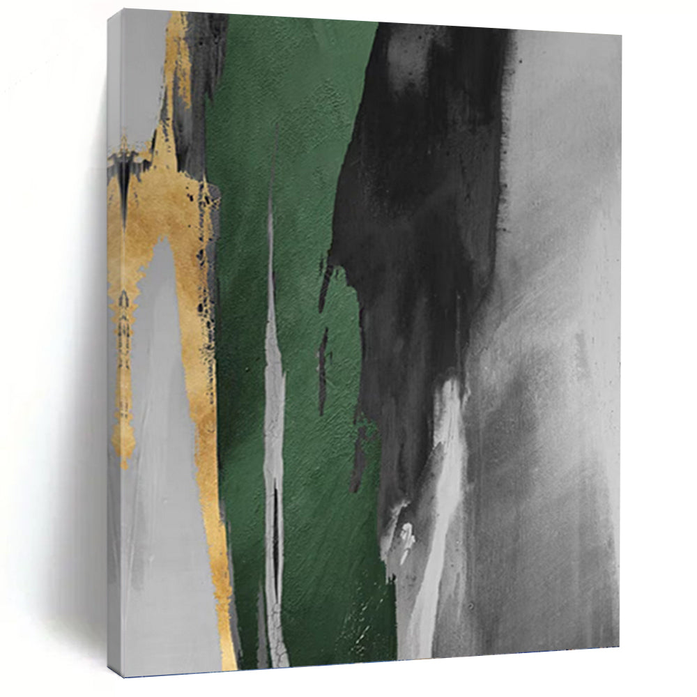 “Green - Grey - Gold Abstract Strokes” - Abstract Expressionist Painting On Canvas PT1198