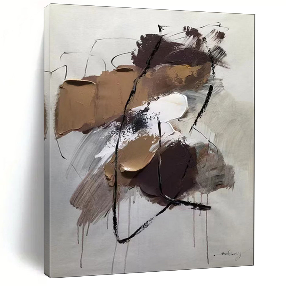Brown - Black - White Abstract Composition, Influenced by Franz Kline's Style, Painting On Canvas PT2084