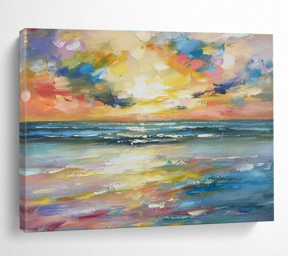 Rainbow - Hued Sunset Over Ocean Fauvist Seascape Painting On Canvas DKS117