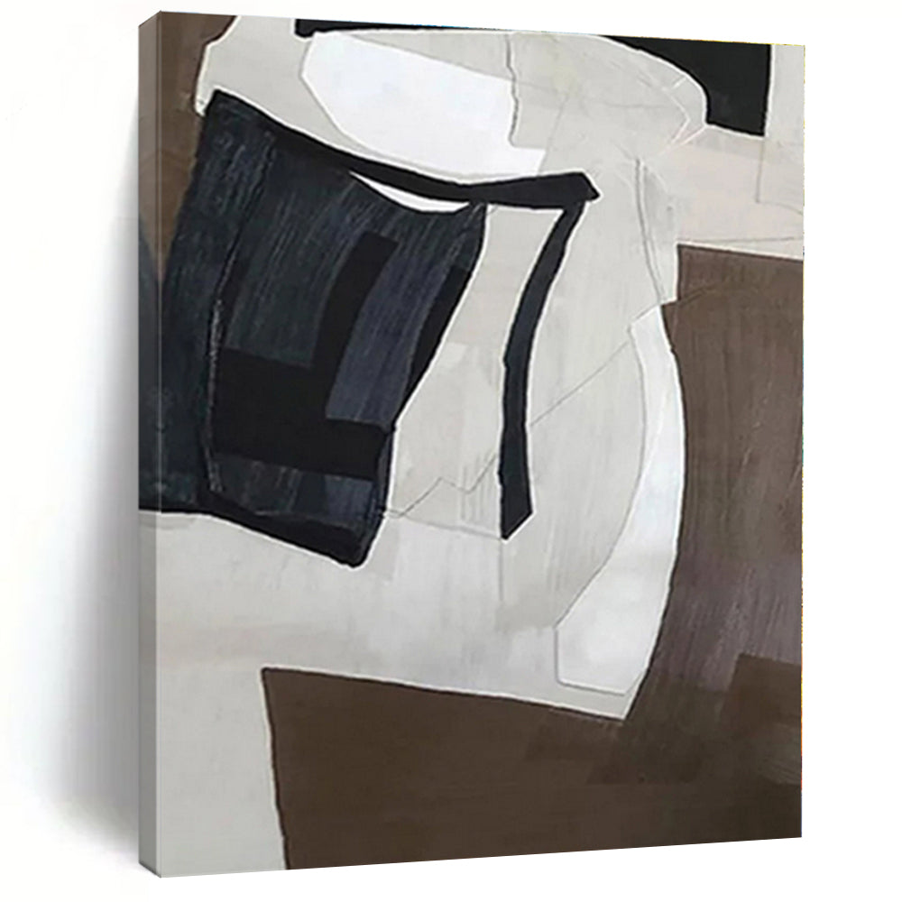 “Monochrome Geometric Forms” - Black, White, Brown Abstract Geometric Painting On Canvas PS0557