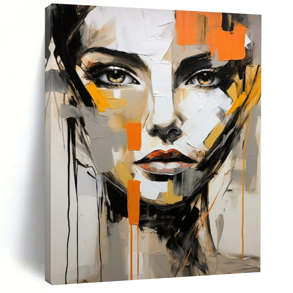 “Abstract Face with Orange Accents” - Contemporary Expressionist Painting On Canvas PT2215