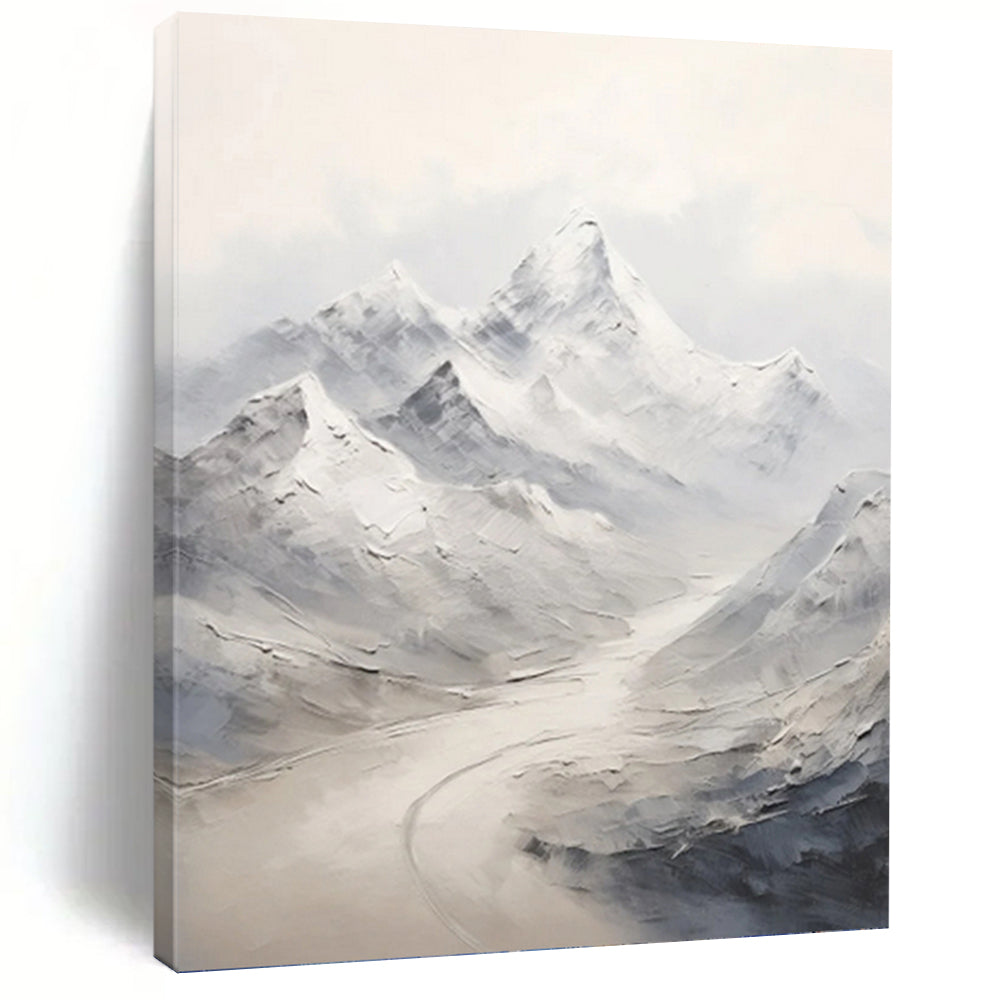 “Grey - White Snowy Mountain Range” - Impasto Landscape Painting On Canvas PT1264