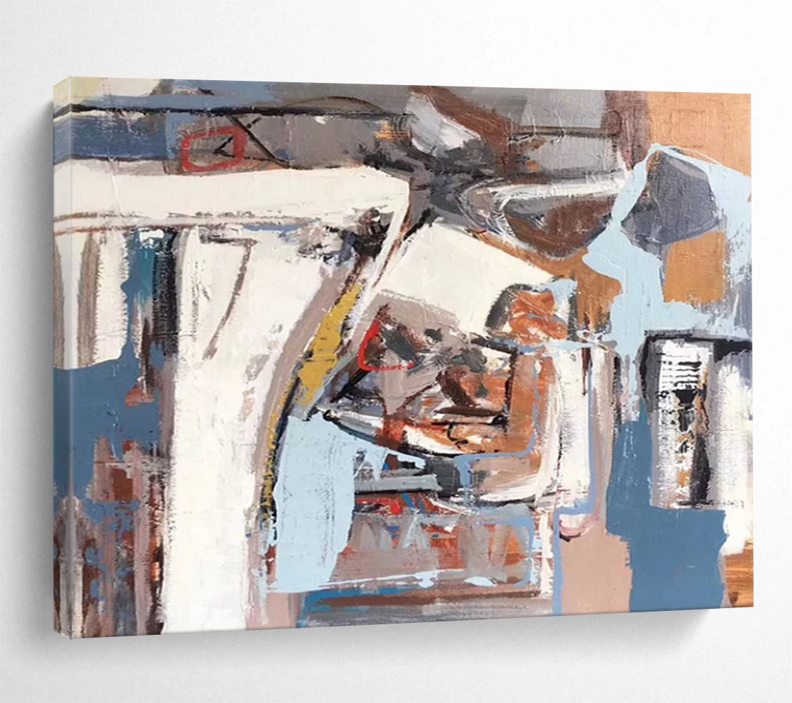 “Abstract Coastal Collage in Blues, Browns & Grays” - Modern Mixed - Media Painting On Canvas PT026