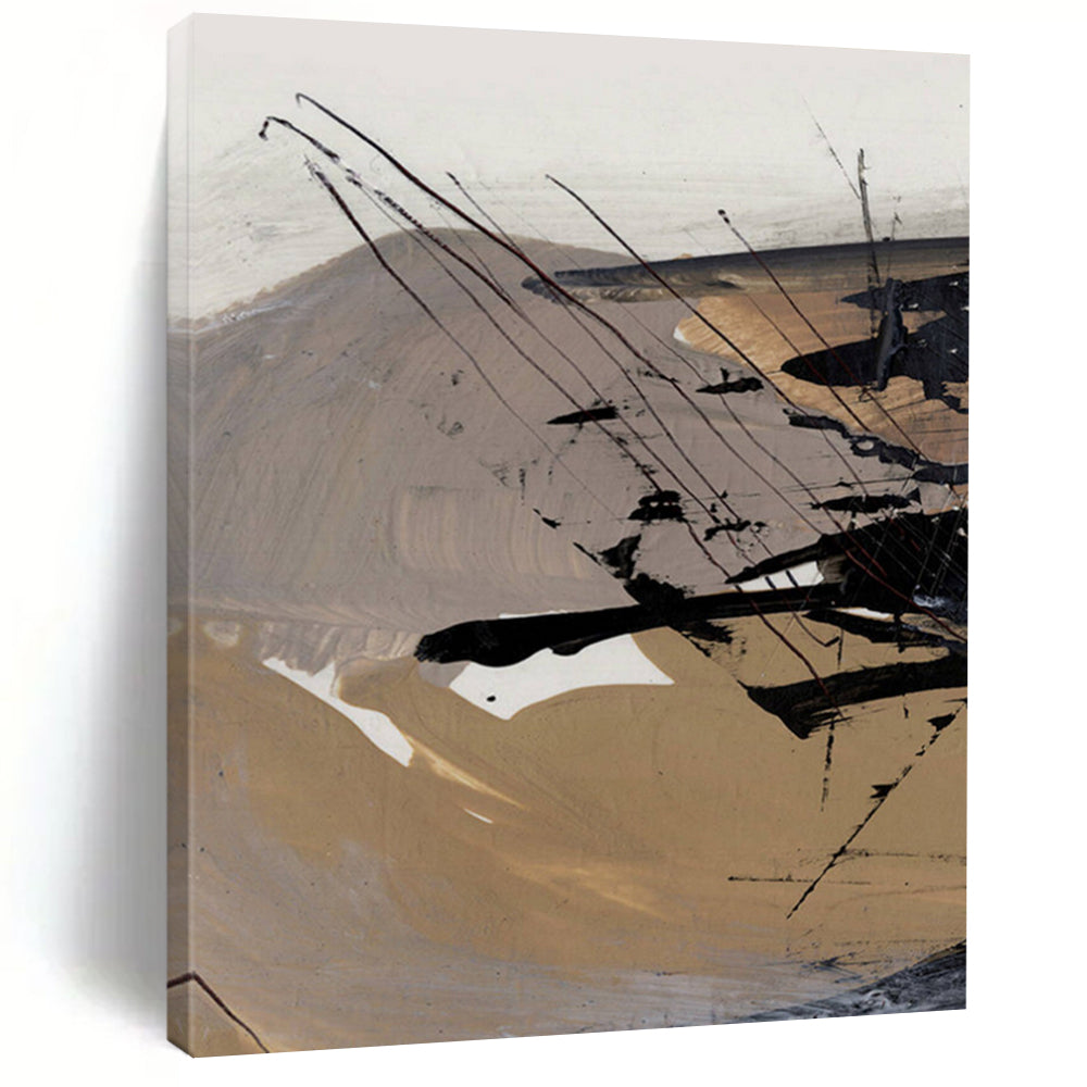 “Earth - Toned Abstract” - Beige, Gray & Black Dynamic Forms Painting On Canvas DS201