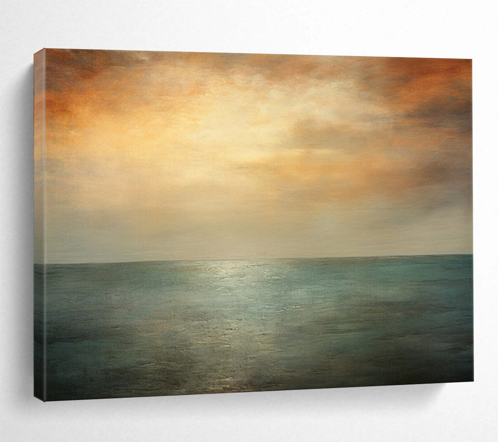 “Tranquil Sea in Orange, Gray & Teal” - Romantic Seascape Painting On Canvas PT010