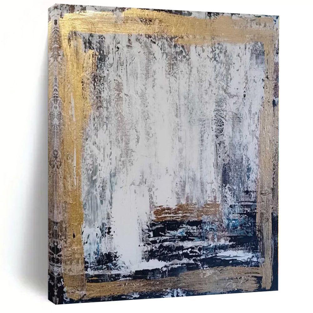 White, Gray, Gold with Textured Background "Gilded Frame" Abstract Painting On Canvas PS1198