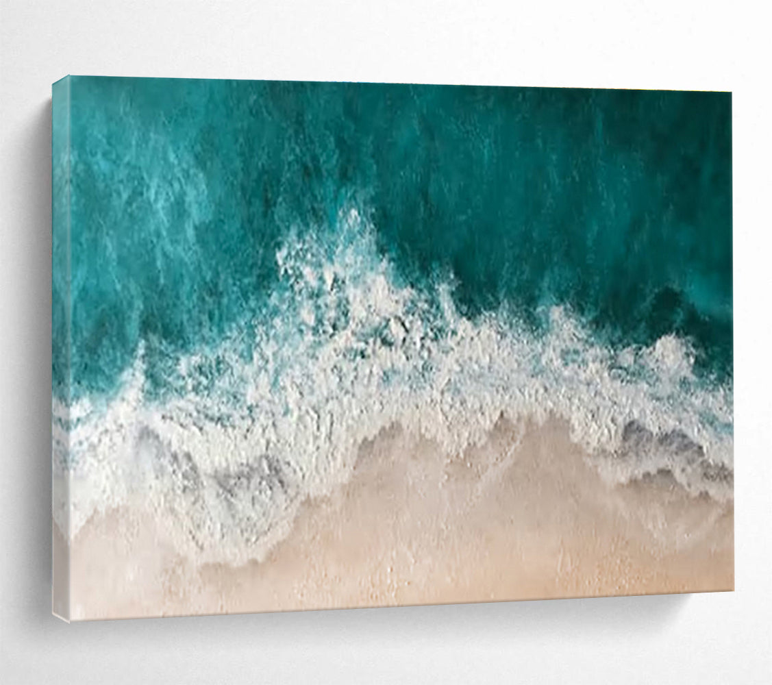 “Aerial Beach Waves” - Turquoise, White & Beige Coastal, Abstract Aerial Painting On Canvas DKS699