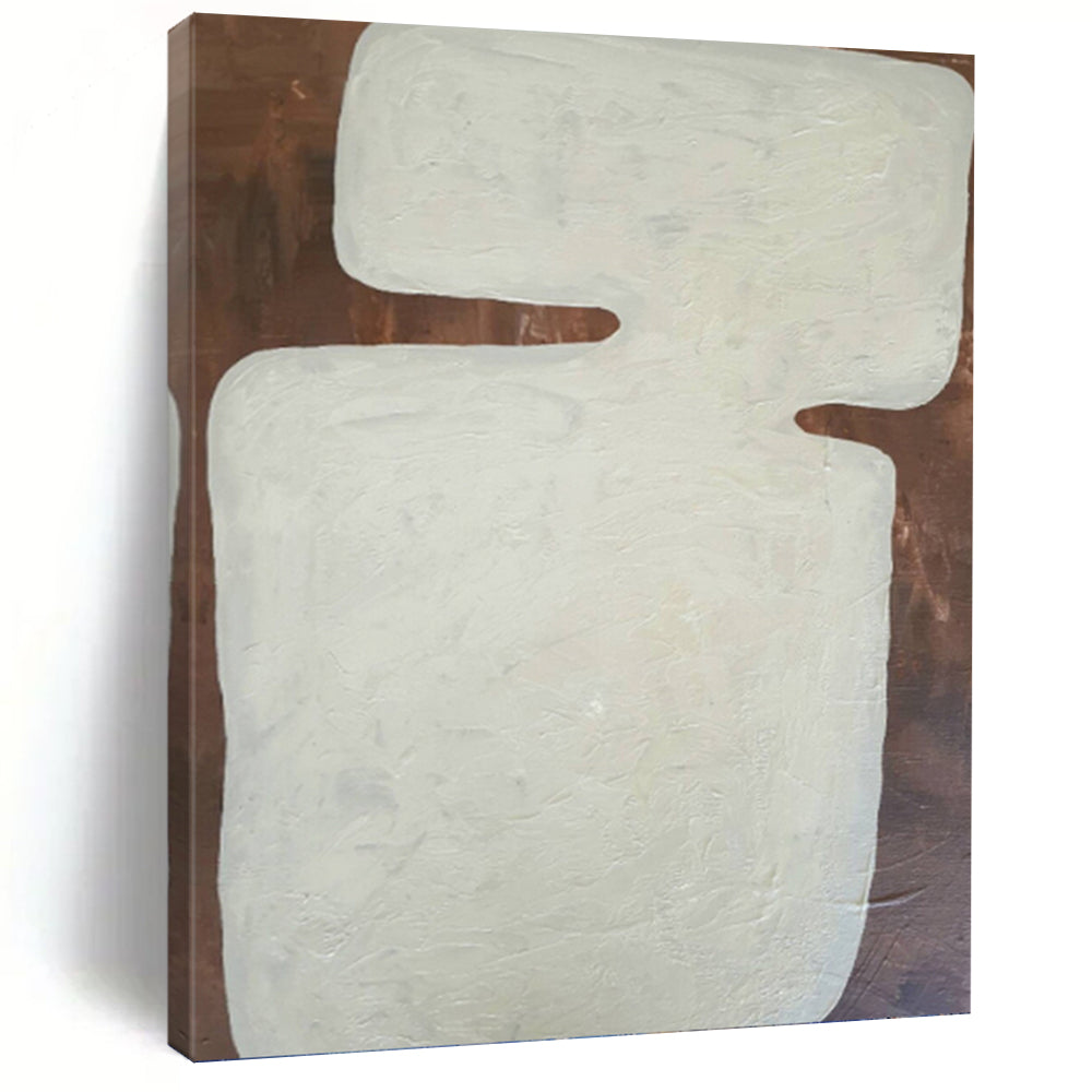 “White Geometric Form on Brown” - Textured Abstract Painting On Canvas PT1082