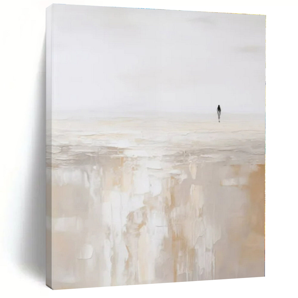 Beige, White with Solitary Figure "Lonely Stroll" Abstract Painting On Canvas PS1312