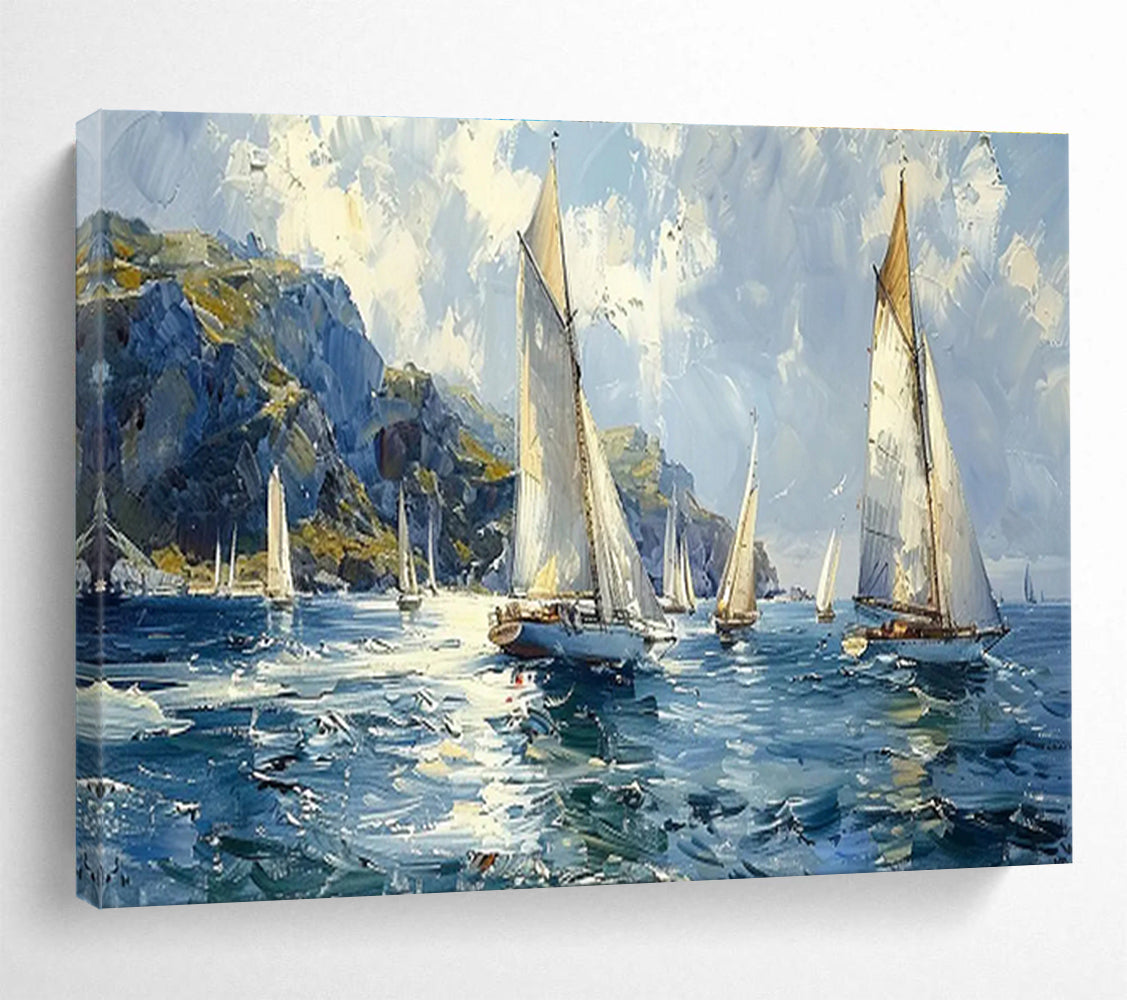 Sailing the Blue - Seaside Sailing Oil Painting, Ideal for Porch & Nautical - themed Room DKS669