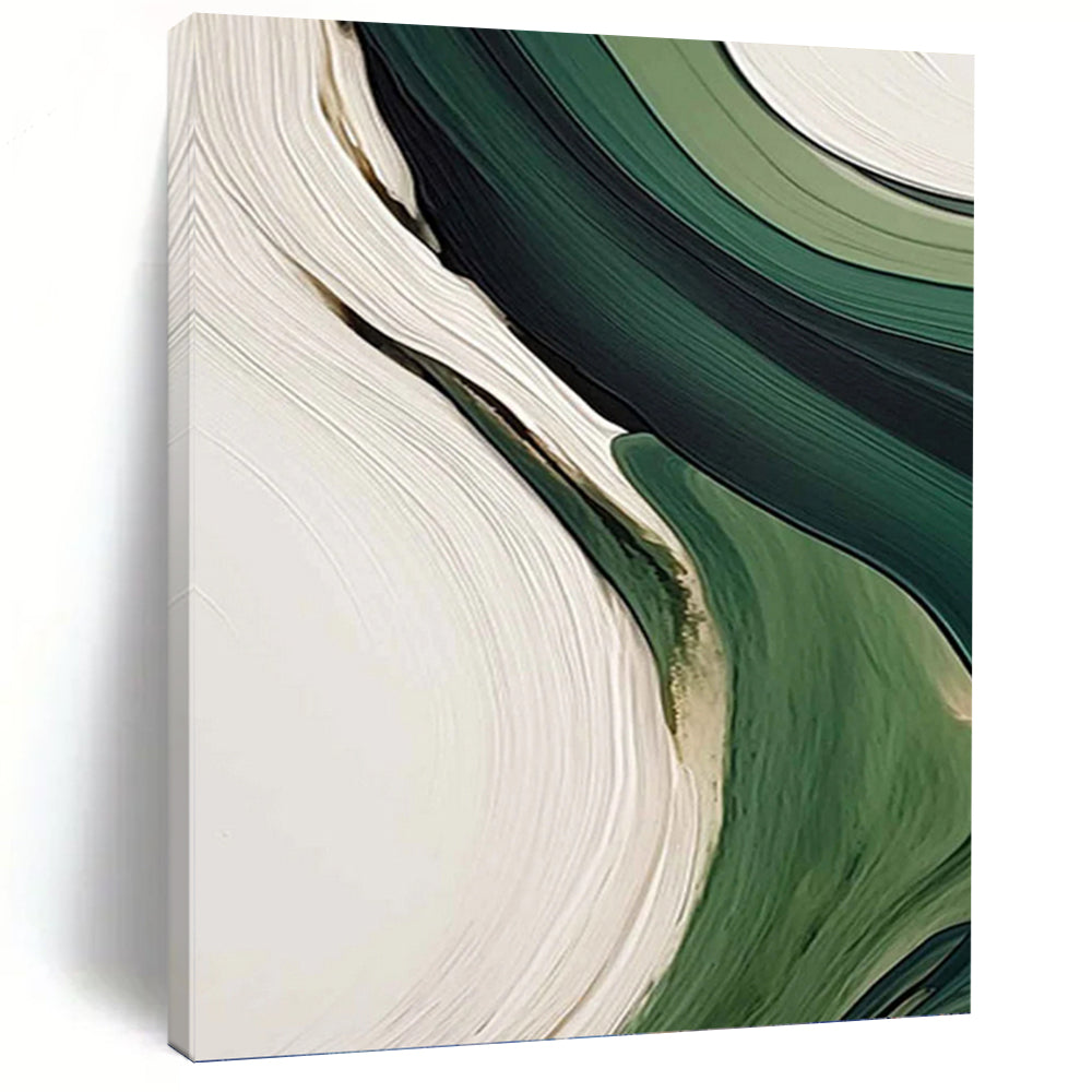 “Green & White Flowing Abstraction” - Fluid, Abstract Shapes Painting On Canvas PT1468