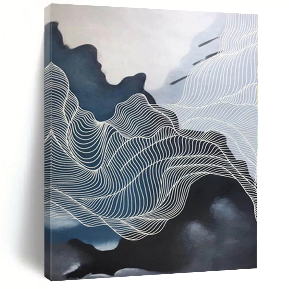 “Blue - White Abstract Rippling Lines” - Graceful Abstract Painting On Canvas PS0358
