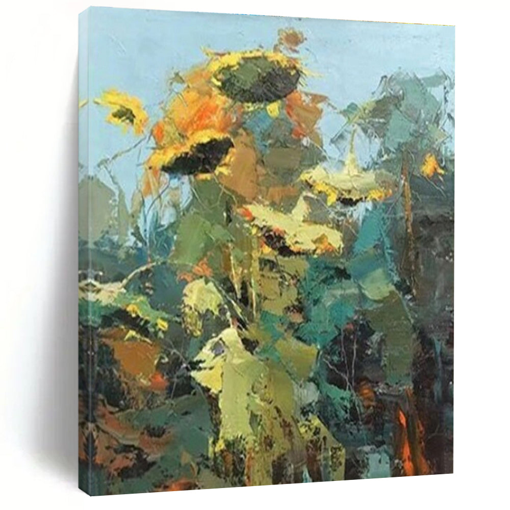 “Impasto Sunflower Abstract” - Yellow, Green Abstract Impressionist Painting On Canvas PS0732