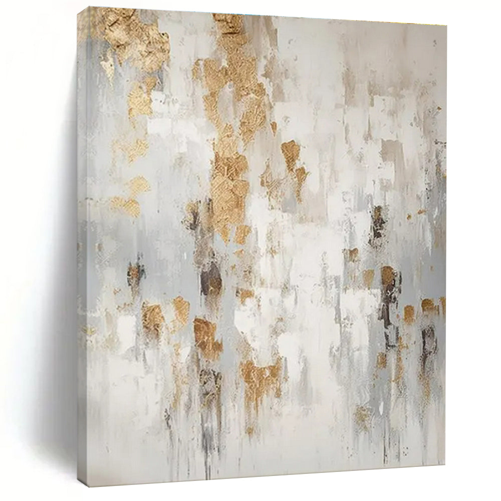 White, Gray & Gold Abstract Splatter "Gilded Mist" Painting On Canvas PS0866