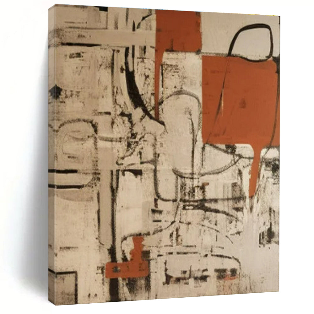 “Beige - Black - Orange Abstract Geometric Web” Painting On Canvas PS0835