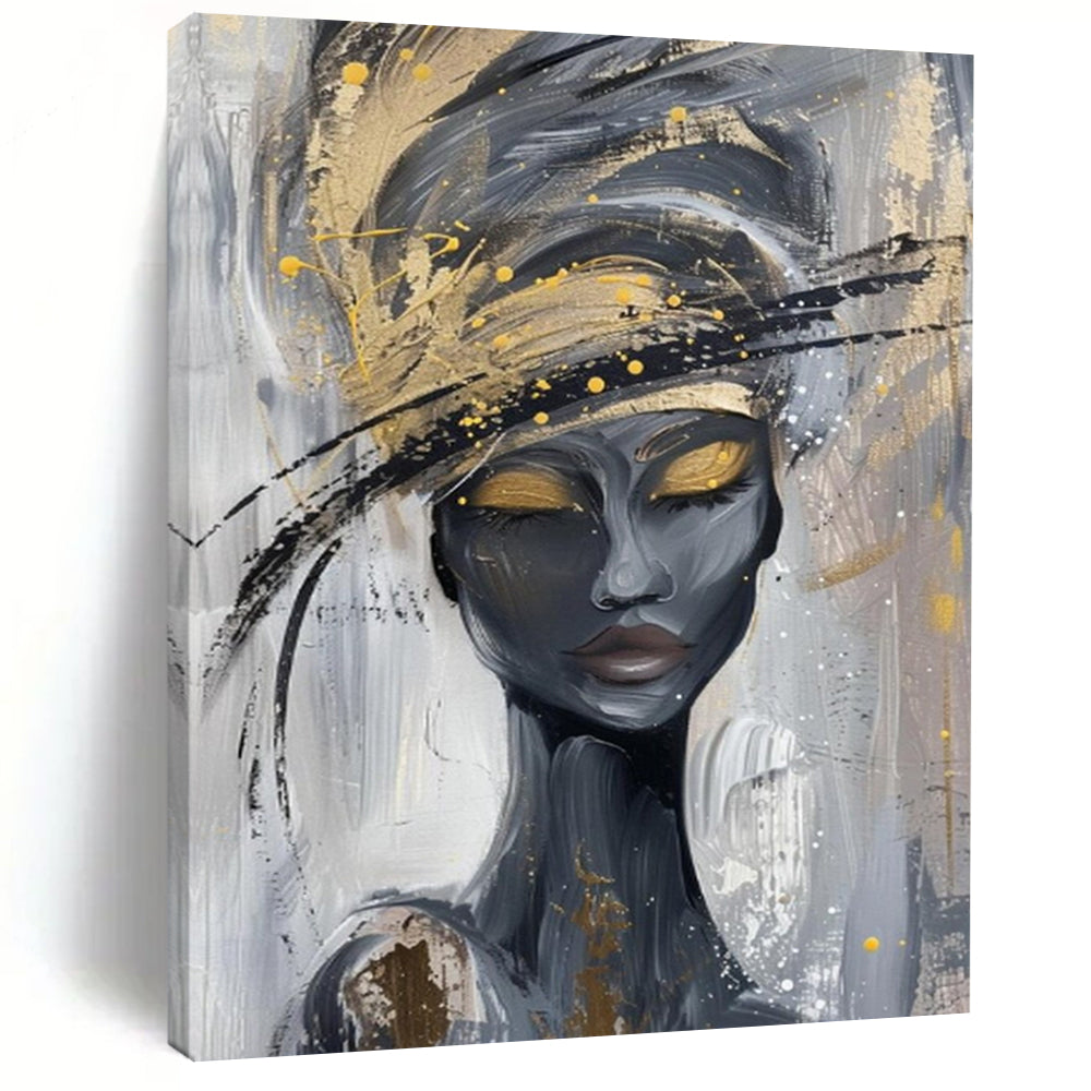 “Stylized Woman with Gold and Gray” - Contemporary Acrylic Painting On Canvas PT2197