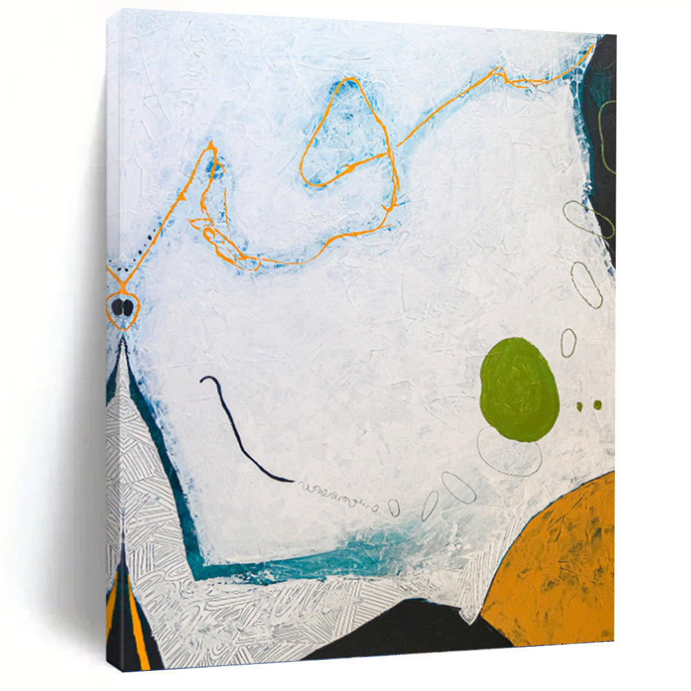 “White - Blue Abstract with Orange & Green” - Playful Abstract Painting On Canvas PT1107