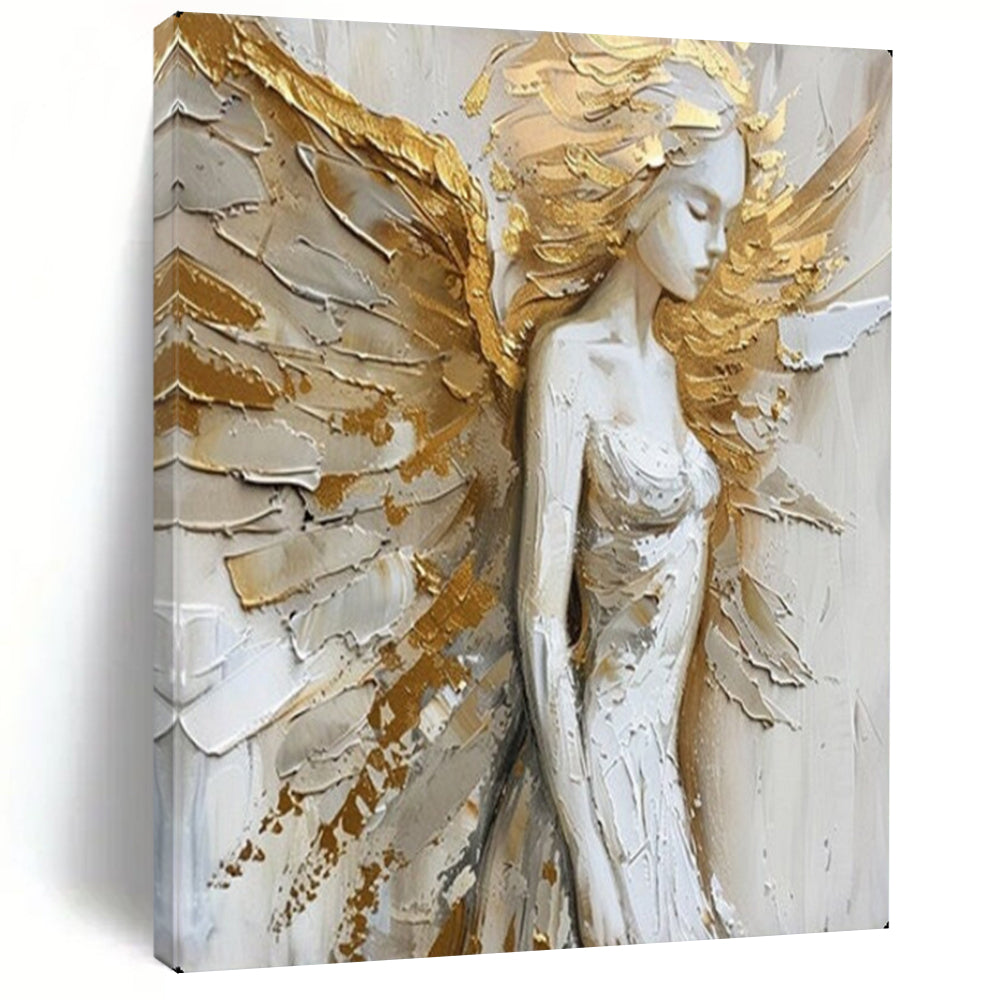 Gold & White Winged Figure, Textured Impressionism, Painting On Canvas PT2138