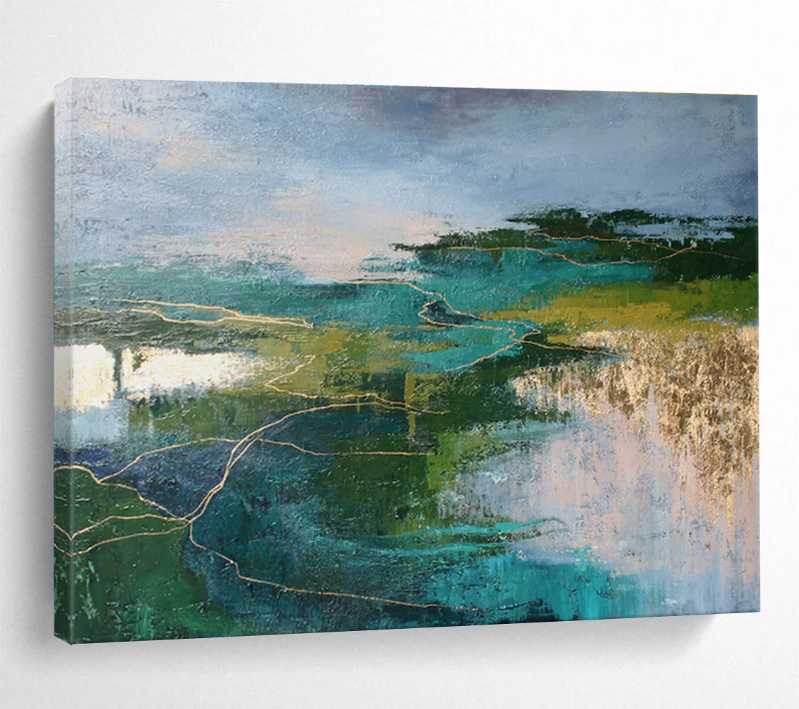 Teal and Green Abstract Landscape with Gold Accents Contemporary Abstract Painting On Canvas DKS129