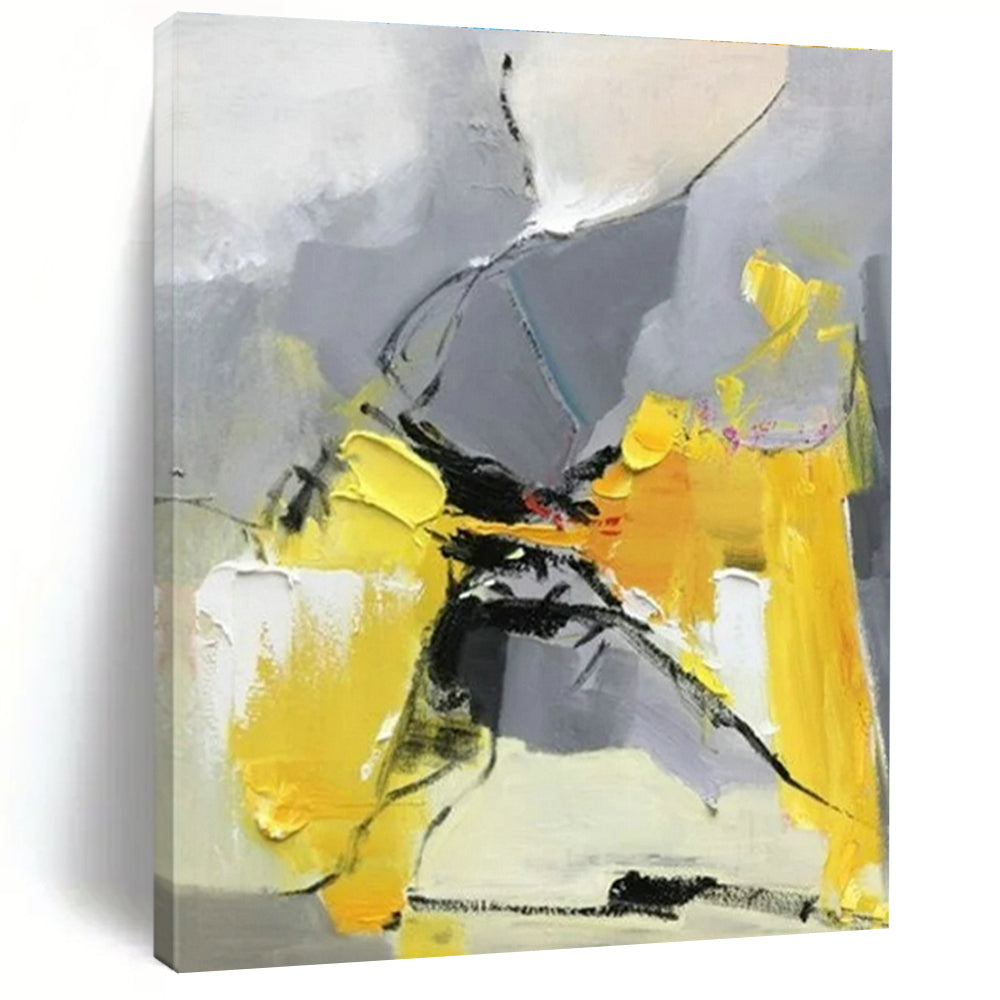 “Gray - Yellow Abstract Dance” - Gray, Yellow, Black Abstract Fluid Painting On Canvas PS0618