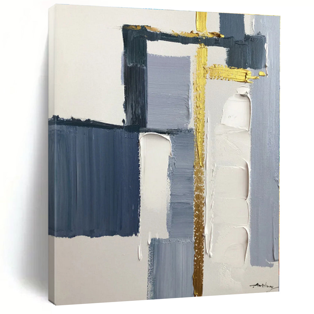“Blue - Gold Geometric Fusion” - Blue, Gold, Gray Abstract Painting On Canvas PS0514