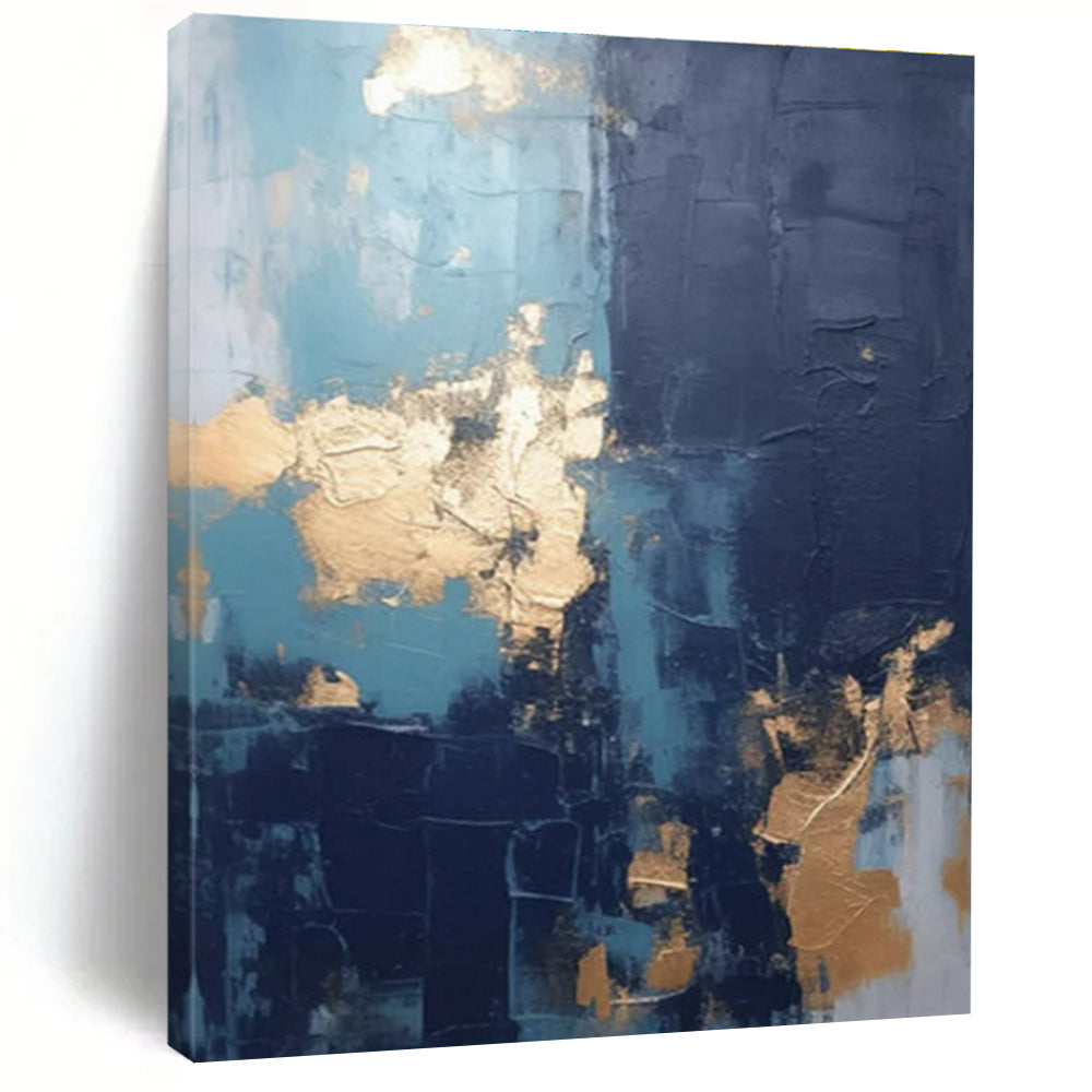 “Teal - Navy - Gold Abstract Textured Splashes” Painting On Canvas PS0837