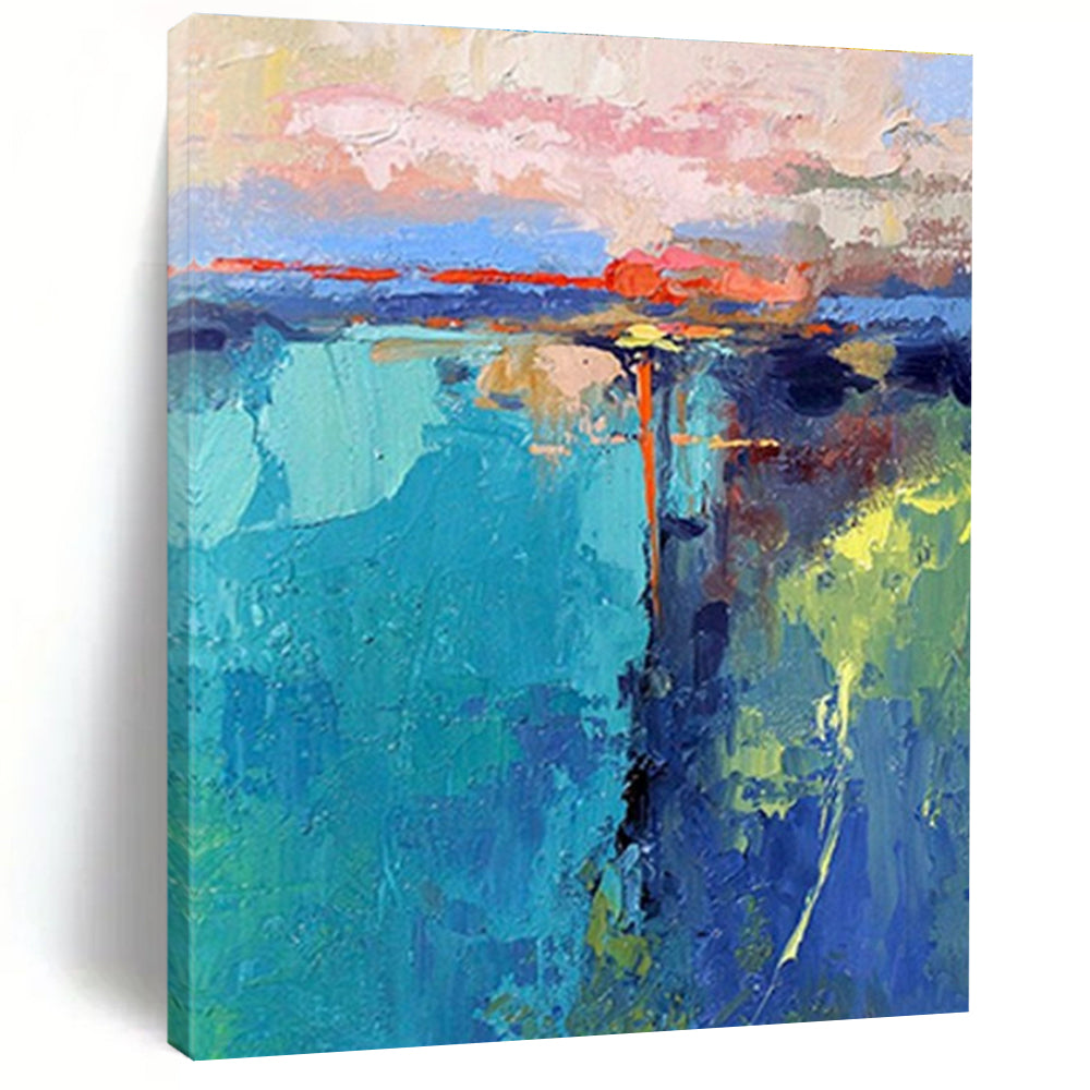 “Colorful Abstract Landscape” - Blue, Green, Pink Abstract Landscape Painting On Canvas PS0720