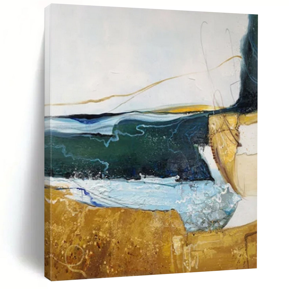 “Green - Gold - Blue Abstract 2” - Mixed - Media Abstract Painting On Canvas PT2337