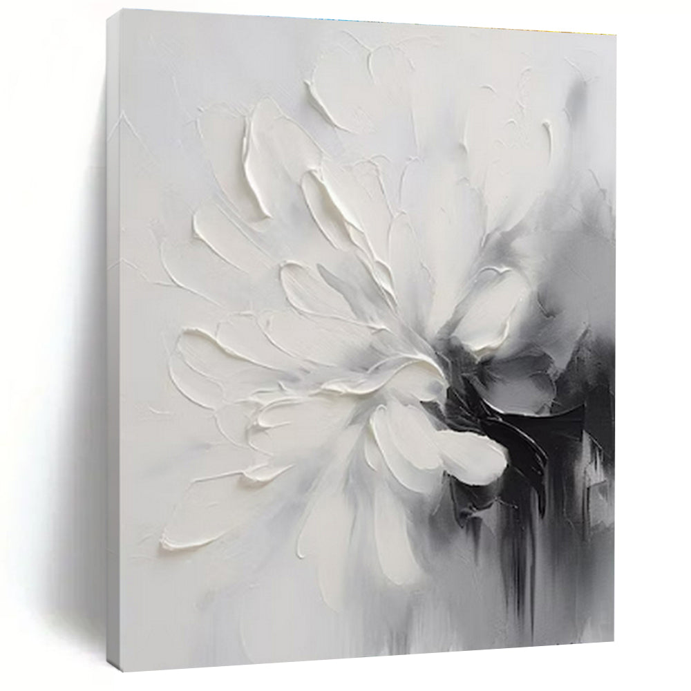“Textured White Flower” - White, Gray, Black Textured Floral Painting On Canvas PS0767