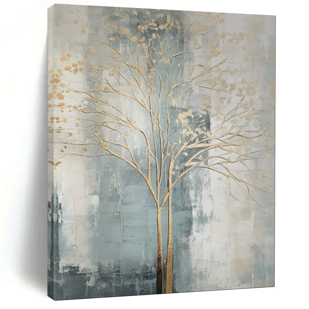 “Gold Tree on Gray - Blue Abstract” - Modern Abstract Painting On Canvas PT1838