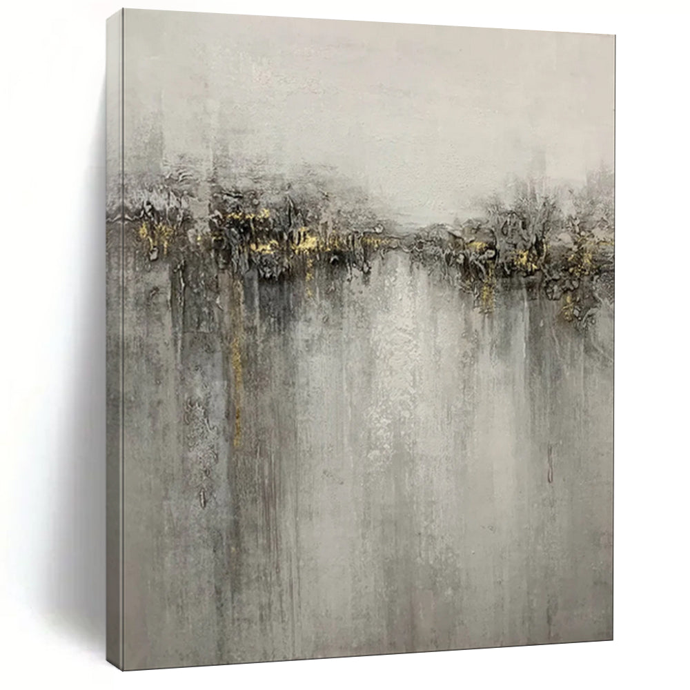 “Gray - Gold Abstract Landscape” - Textured Landscape Painting On Canvas PT1970