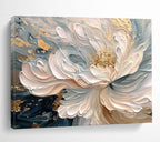 “Elegant Gilded Bloom” - Soft Blue, White & Gold Floral, 3D - Textured Flower Art Painting On Canvas DKS682