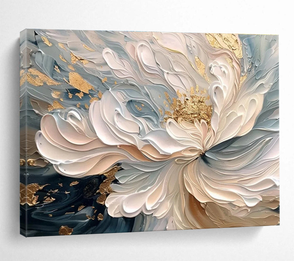“Elegant Gilded Bloom” - Soft Blue, White & Gold Floral, 3D - Textured Flower Art Painting On Canvas DKS682