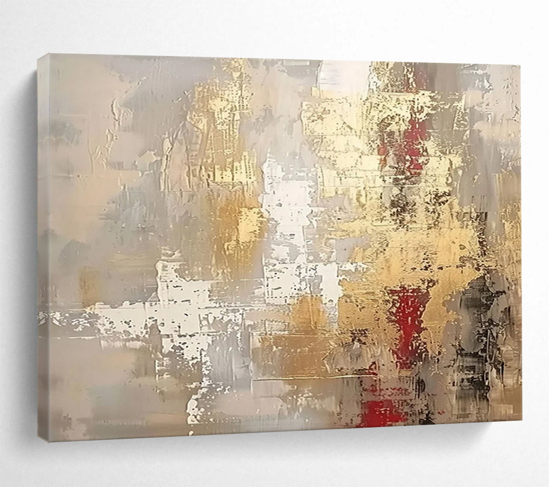 “Elegant Gray & Gold with Red Accents” - Abstract Textured Painting On Canvas PT045