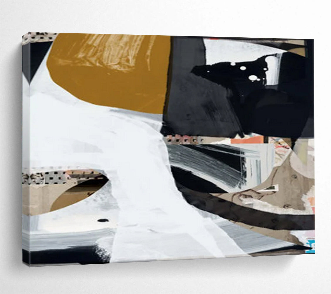 “Abstract Collage with Gold, Black, and White” - Mixed - Media Abstract Painting On Canvas PT127