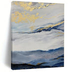 “Blue - White - Gold Cloudy Landscape” - Blue, White, Gold Abstract Landscape Painting On Canvas PS0584