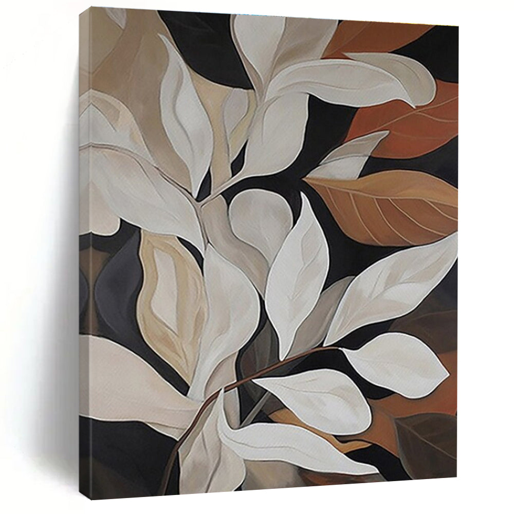 “Elegant White Leaves” - Black, White, Brown Abstract Floral Painting On Canvas PS0667
