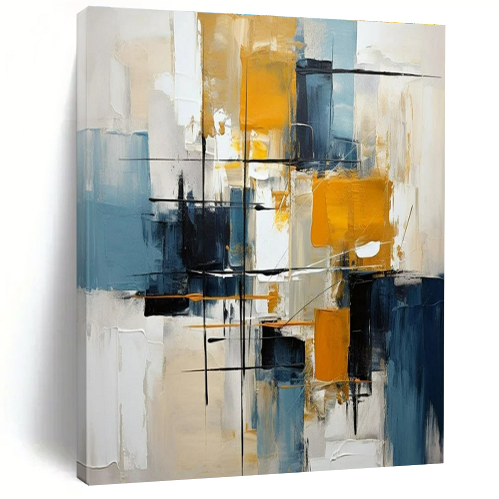 Blue, Yellow, Black, White with Dynamic Strokes "Urban Energy" Abstract Painting On Canvas PS1435