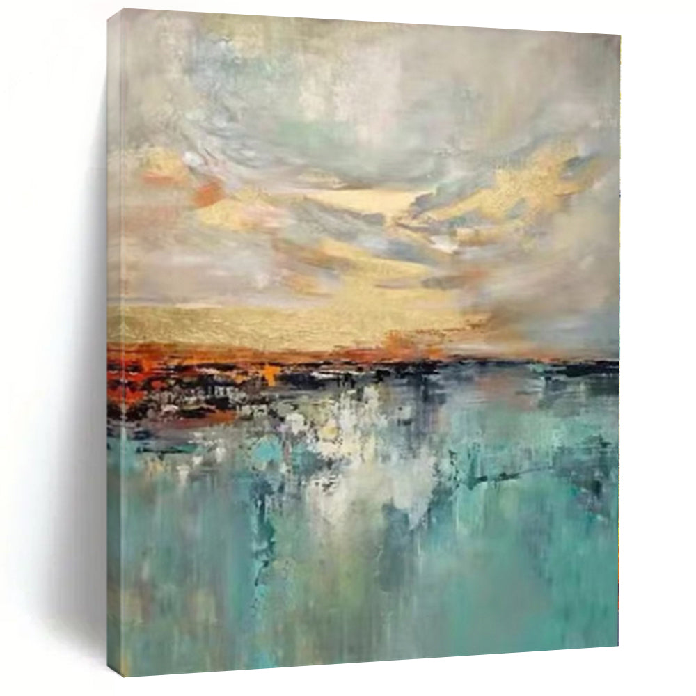 “Colorful Sky Reflection” - Blue, Orange, Gold Abstract Landscape Painting On Canvas PS0388
