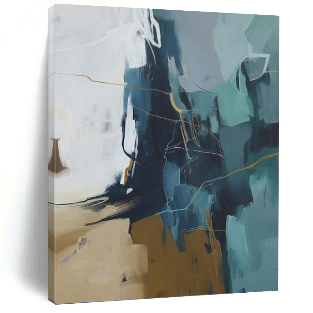 “Blue - Grey Abstract with Golden Lines” - Modern Abstract Painting On Canvas PT1016