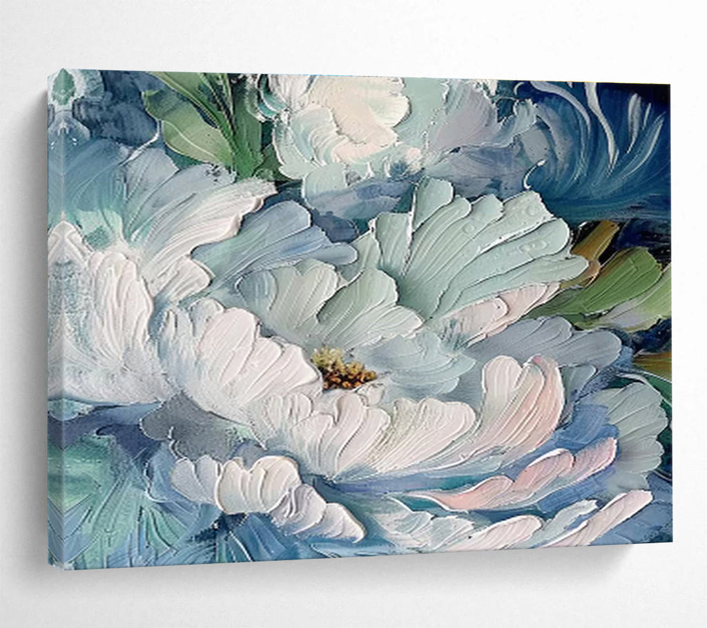 Aqua Peonies - Textured Floral Oil Painting, Ideal for Bathroom & Sunroom DKS675