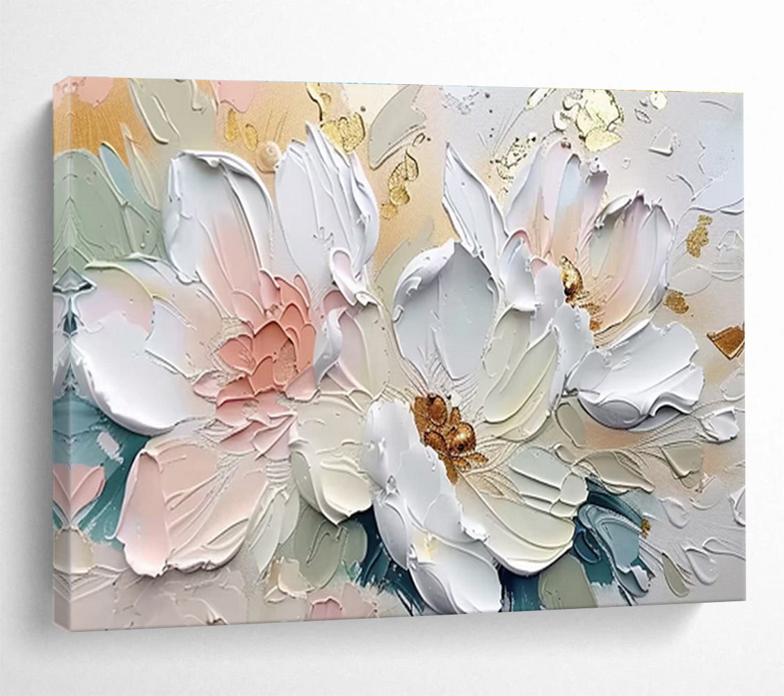 “Elegant White & Gold Florals” - Soft Pink, White & Gold 3D Flower, Textured Floral Painting On Canvas DKS712