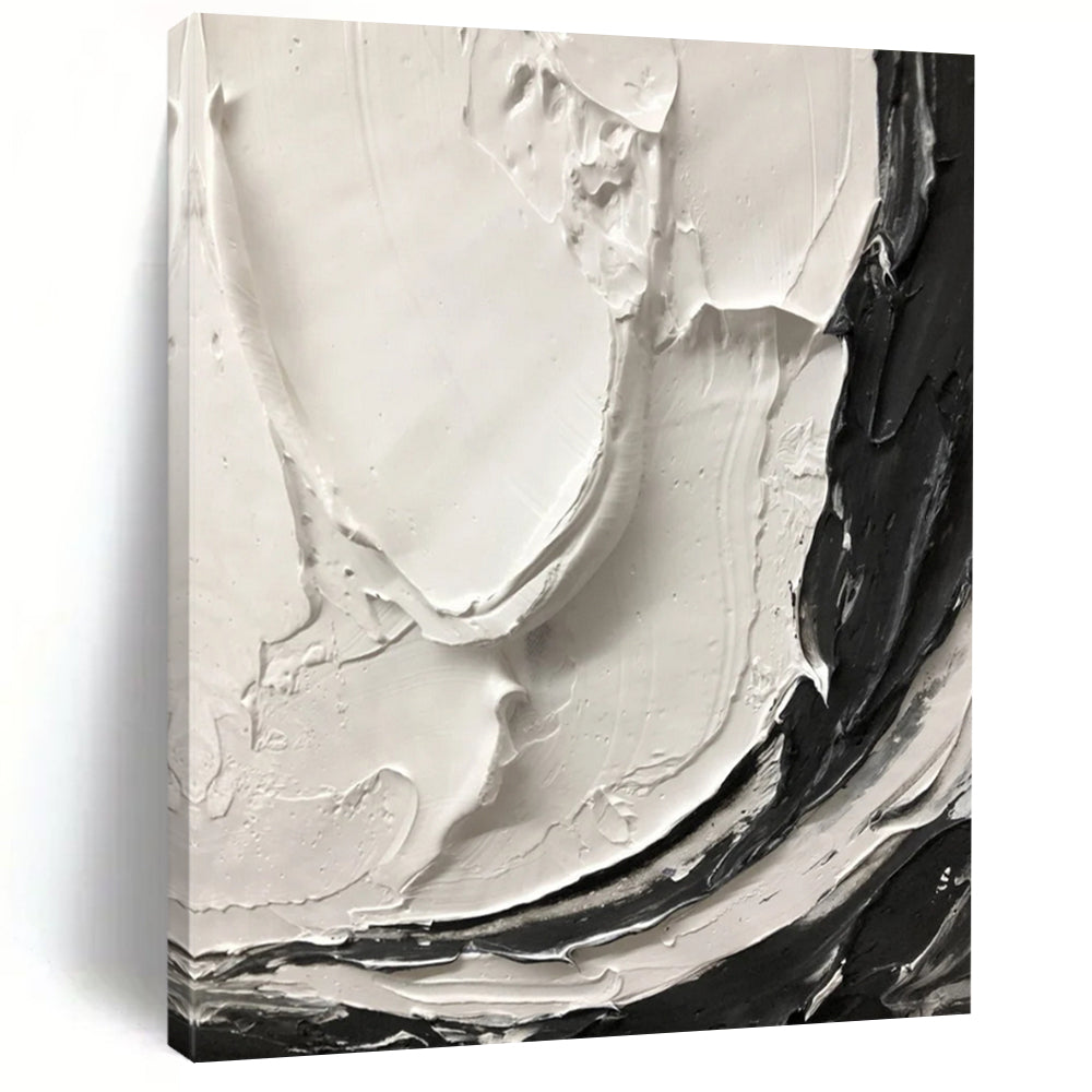 “Thick Black and White Textured Swirls” - Tactile Abstract Painting On Canvas DS387