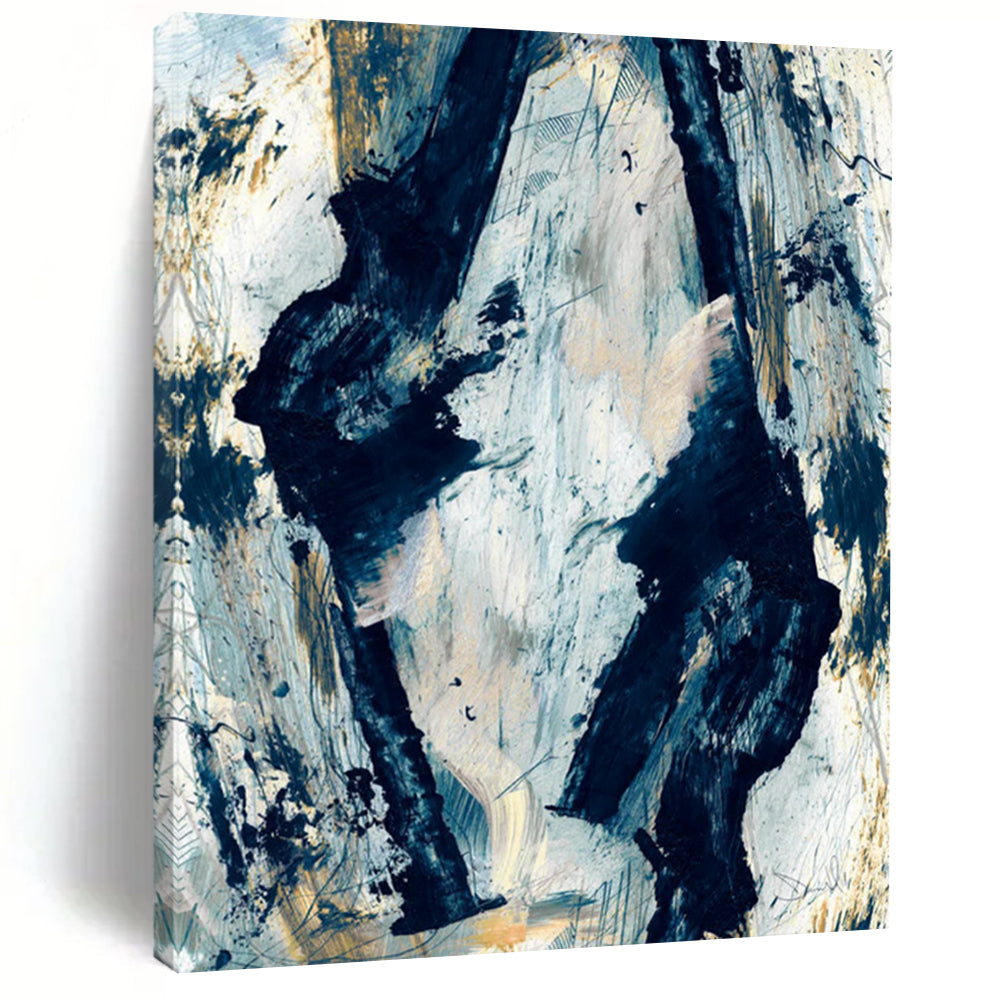 “Dynamic Blue & Gold Abstract” - Energetic Forms with Metallic Accents Painting On Canvas DS244