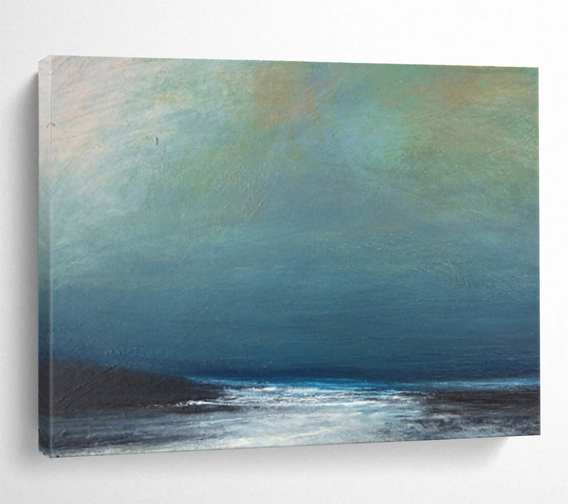 Muted Blue and Green Sky Over Dark Sea Seascape Painting On Canvas DKS107